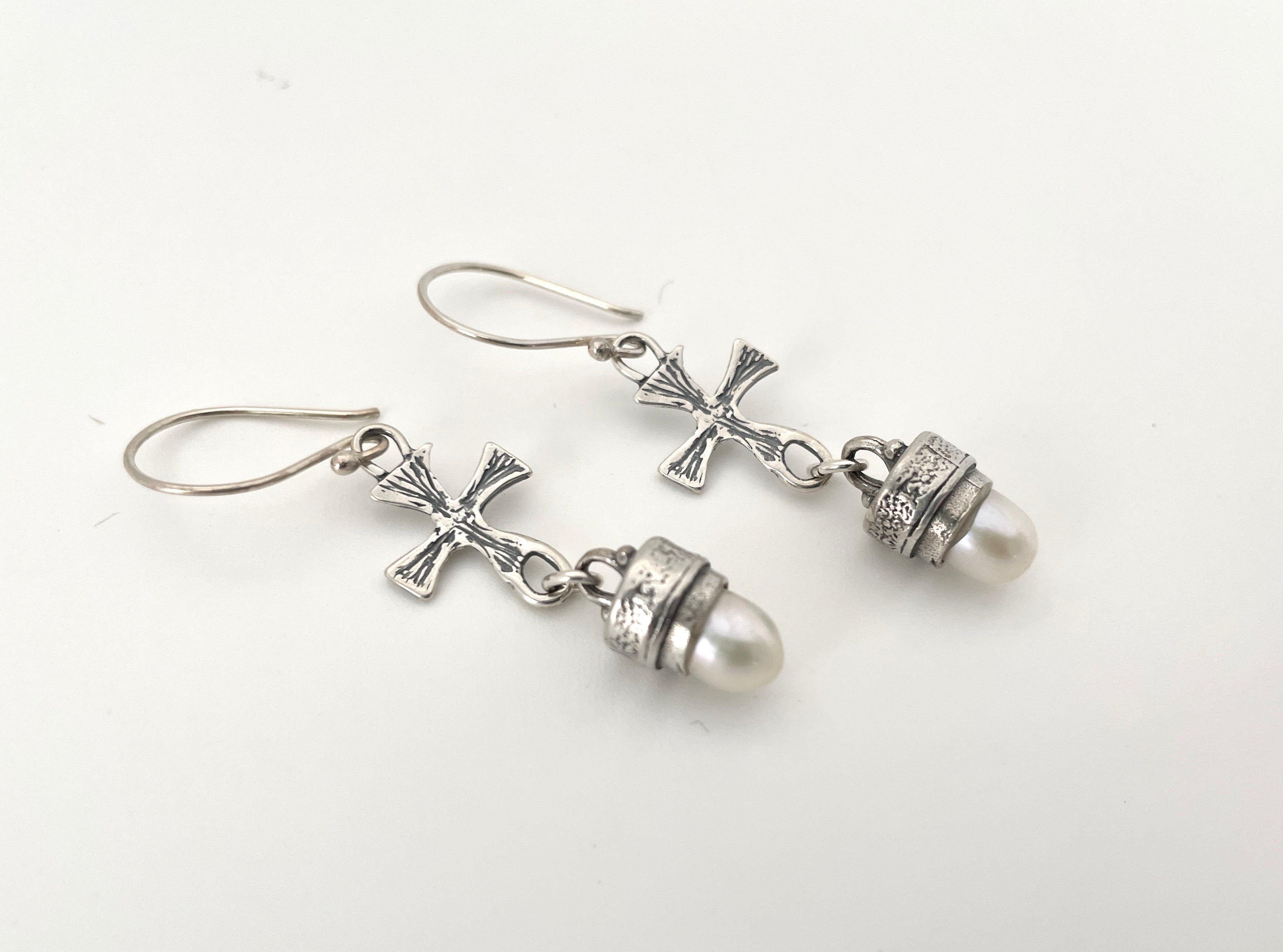 Sterling Cross Pearl Earrings