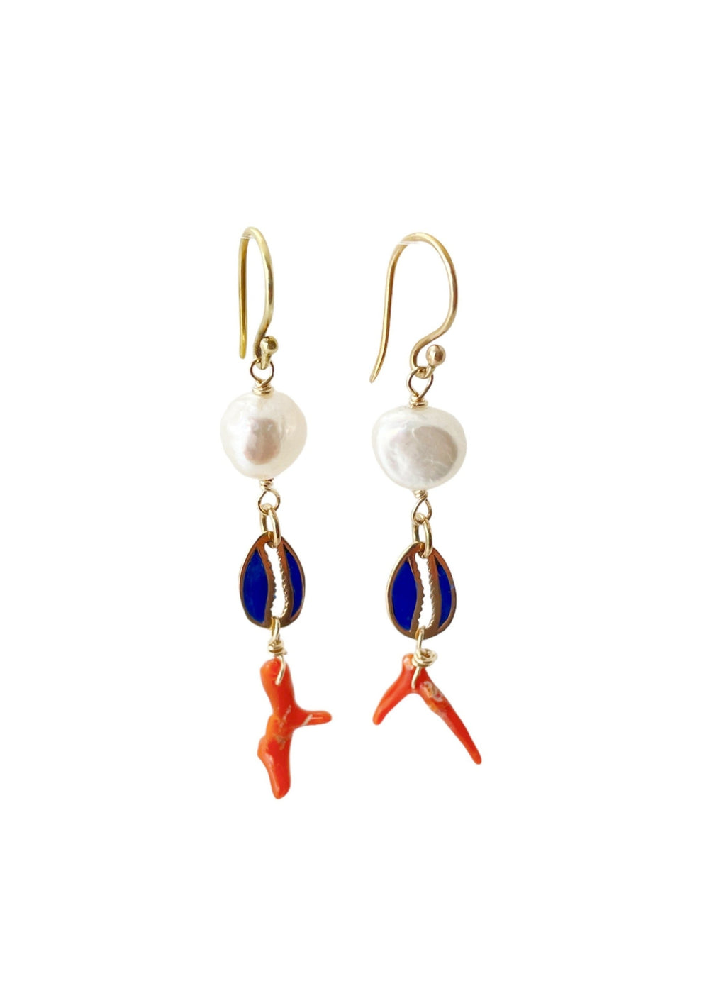 Pearl & Coral Cowrie Shell Earrings